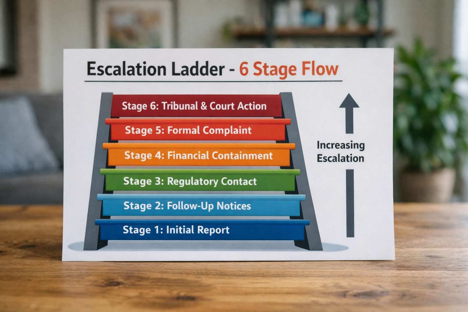 Housing Disputes Escalation in the UK – Enforcement, Retaliation and Legal Action During an Active Tenancy 1 Escalation Ladder – 6 stage housing dispute progression in the UK showing denial, complaint, behavioural escalation, council enforcement, financial exposure and tribunal routes